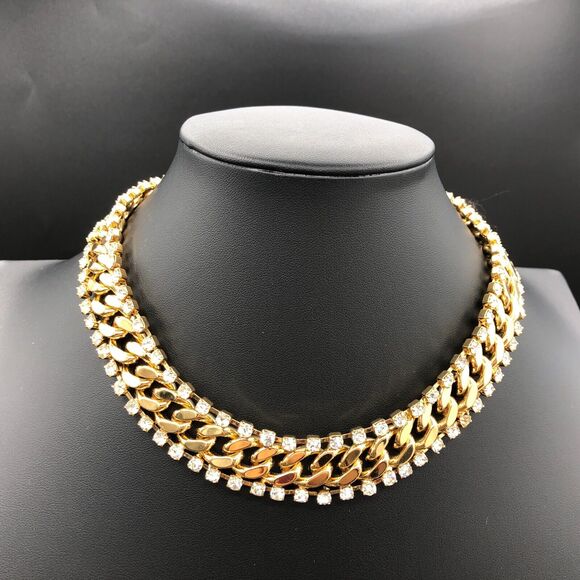 Kate Spade Necklace Chunky Gold Tone Chain Link Crystal Statement Collar w/Pouch - Picture 2 of 8